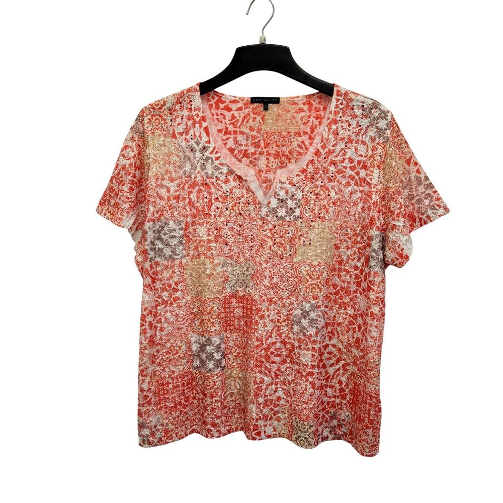 Nappa Valley Womens Plus 1X Coaral Geometric Print Short Sleeve Pullover 4173